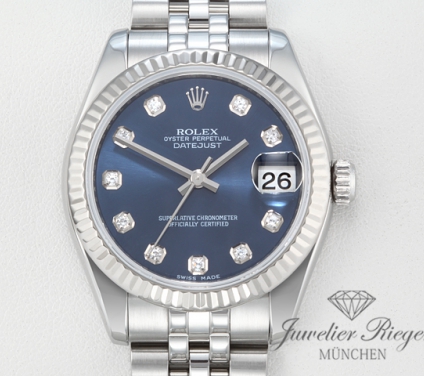 Uhransicht von vorne, hauptsächlich das Zifferblatt und die Lünette sichtbar. Rolex Datejust 31 mm Medium 178274 2012 Stahl Weissgold 750 Diamanten Automatik Gold