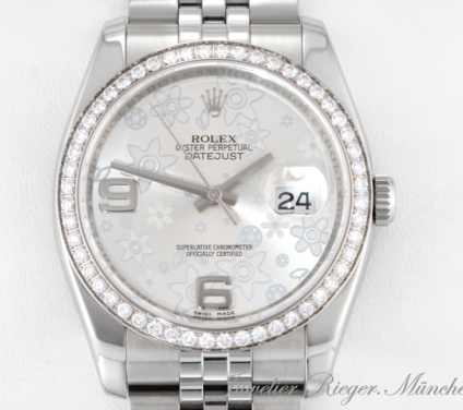 Uhransicht von vorne, hauptsächlich das Zifferblatt und die Lünette sichtbar. Rolex Datejust 36 mm 116244 2010 LC100 Stahl Weissgold 750 Diamanten Automatik