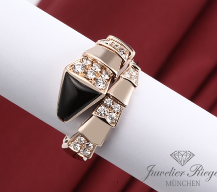 . Bulgari Ring Serpenti Viper Rosegold 750 Onyx Diamanten Brillanten Gr M Gold