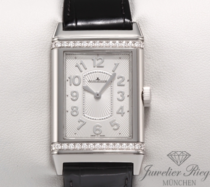 Uhransicht von vorne, hauptsächlich das Zifferblatt und die Lünette sichtbar. Jaeger Le Coultre Grande Reverso Lady Ultra Thin 268.8.86 Edelstahl Diamanten