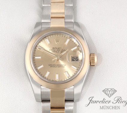 Uhransicht von vorne, hauptsächlich das Zifferblatt und die Lünette sichtbar. Rolex Lady Datejust 179163 Edelstahl Gelbgold 750 Automatik Stahl Gold Damen