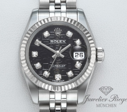 Uhransicht von vorne, hauptsächlich das Zifferblatt und die Lünette sichtbar. Rolex Lady Datejust 179174 Edelstahl Weissgold 750 Diamanten Automatik Gold