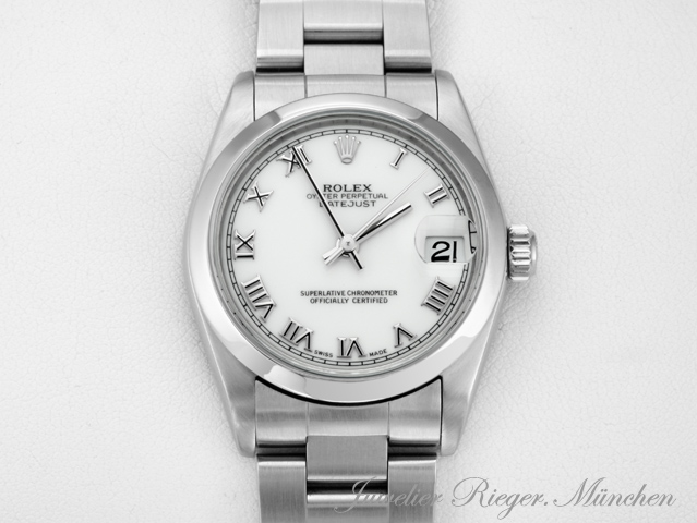 Uhransicht von vorne, hauptsächlich das Zifferblatt und die Lünette sichtbar. Rolex Medium Datejust 31 mm 2004/05 Edelstahl Automatik Damen Stahl Lady