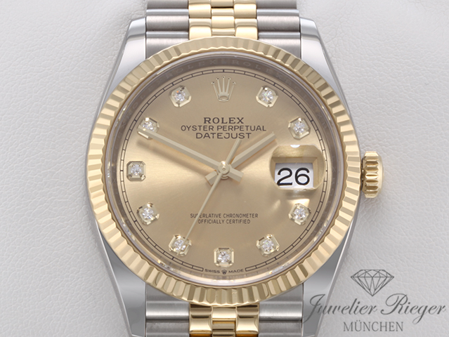 Uhransicht von vorne, hauptsächlich das Zifferblatt und die Lünette sichtbar. Rolex Datejust 36 126233 Edelstahl Gelbgold 750 Diamanten Automatik Gold