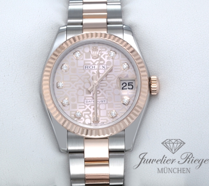 Uhransicht von vorne, hauptsächlich das Zifferblatt und die Lünette sichtbar. Rolex Datejust 31 mm 178271 2011 Stahl Rosegold 750 Diamanten Automatik Gold