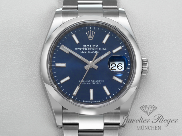 Uhransicht von vorne, hauptsächlich das Zifferblatt und die Lünette sichtbar. Rolex Datejust 36 mm 126200 2021 Edelstahl Automatik Date just Stahl