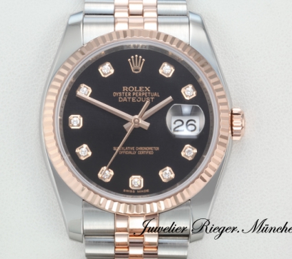 Uhransicht von vorne, hauptsächlich das Zifferblatt und die Lünette sichtbar. Rolex Datejust 36 mm 116231 2012 Stahl Rosegold 750 Diamanten Automatik