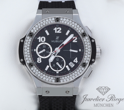 Uhransicht von vorne, hauptsächlich das Zifferblatt und die Lünette sichtbar. Hublot Big Bang 41 mm 2018 Chronograph 341.SX.130.RX.114 Edelstahl Diamanten