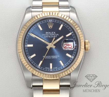 Uhransicht von vorne, hauptsächlich das Zifferblatt und die Lünette sichtbar. Rolex Datejust 36 mm 116233 2011 Edelstahl Gelbgold 750 Automatik Stahl Gold