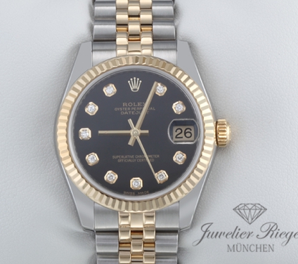 Uhransicht von vorne, hauptsächlich das Zifferblatt und die Lünette sichtbar. Rolex Medium Datejust 31 mm 178273 2012 Edelstahl Gelbgold 750 Diamanten Gold