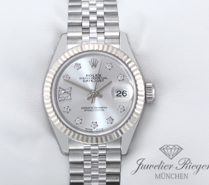Uhransicht von vorne, hauptsächlich das Zifferblatt und die Lünette sichtbar. Rolex Lady Datejust 28 279174 2018 Edelstahl Weissgold 750 Diamanten Automatik