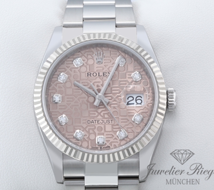 Uhransicht von vorne, hauptsächlich das Zifferblatt und die Lünette sichtbar. Rolex Datejust 36 126234 2022 Stahl Weissgold 750 Diamanten Automatik Gold
