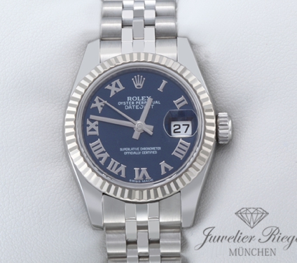 Uhransicht von vorne, hauptsächlich das Zifferblatt und die Lünette sichtbar. Rolex Lady Datejust 179174 Edelstahl Weissgold 750 Automatik Stahl Gold Damen