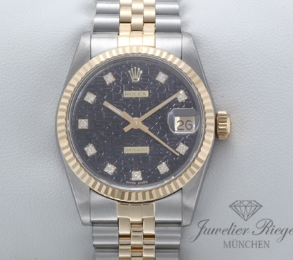 Uhransicht von vorne, hauptsächlich das Zifferblatt und die Lünette sichtbar. Rolex Medium Datejust Stahl Gelbgold 750 Diamanten Automatik Gold Stahl