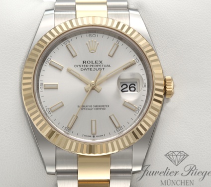 Uhransicht von vorne, hauptsächlich das Zifferblatt und die Lünette sichtbar. Rolex Datejust 41 126333 2022 Edelstahl Gelbgold 750 Automatik Stahl Gold