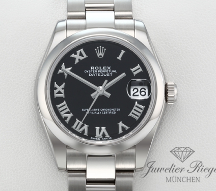 Uhransicht von vorne, hauptsächlich das Zifferblatt und die Lünette sichtbar. Rolex Medium Datejust 31 mm 178240 2014 LC100 Edelstahl Automatik Damenuhr Stahl