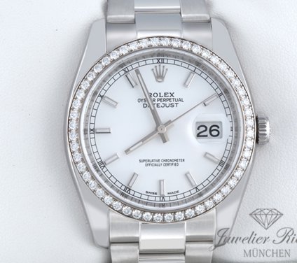 Uhransicht von vorne, hauptsächlich das Zifferblatt und die Lünette sichtbar. Rolex Datejust 36 mm 116244 Stahl Weissgold 750 Diamanten Automatik Gold