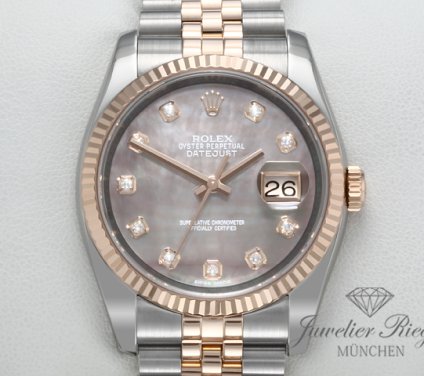 Uhransicht von vorne, hauptsächlich das Zifferblatt und die Lünette sichtbar. Rolex Datejust 36 mm 116231 Stahl Rosegold 750 Perlmutt Diamanten Automatik