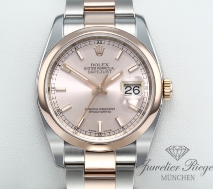 Uhransicht von vorne, hauptsächlich das Zifferblatt und die Lünette sichtbar. Rolex Datejust 36 mm 116201 Stahl Rosegold 750 Automatik Rotgold Gold