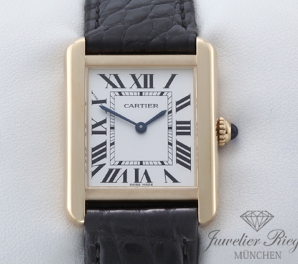 Uhransicht von vorne, hauptsächlich das Zifferblatt und die Lünette sichtbar. Cartier Lady Tank Solo Edelstahl Gelbgold 750 2018 W1018755 Stahl Gold Damen