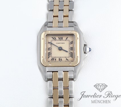 Uhransicht von vorne, hauptsächlich das Zifferblatt und die Lünette sichtbar. Cartier Lady Panthere SM Edelstahl Gelbgold 750 Damenuhr Damen Stahl Gold