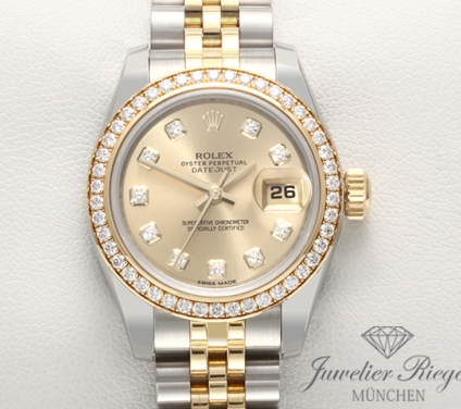 Uhransicht von vorne, hauptsächlich das Zifferblatt und die Lünette sichtbar. Rolex Lady Datejust 179383 Stahl Gelbgold 750 2012 Diamanten Automatik Gold