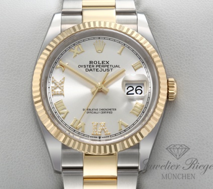 Uhransicht von vorne, hauptsächlich das Zifferblatt und die Lünette sichtbar. Rolex Datejust 36 126233 2025 Edelstahl Gelbgold 750 Diamanten Automatik Gold