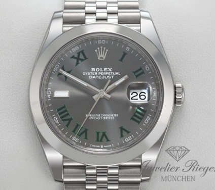 Uhransicht von vorne, hauptsächlich das Zifferblatt und die Lünette sichtbar. Rolex Datejust 41 mm 126300 2022 Edelstahl Wimbledon Automatik Stahl